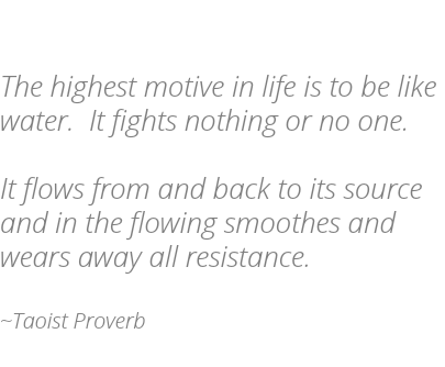  The highest motive in life is to be like water. It fights nothing or no one. It flows from and back to its source and in the flowing smoothes and wears away all resistance. ~Taoist Proverb 
